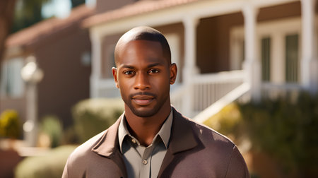 Handsome young African American man standing in front of a houseの素材