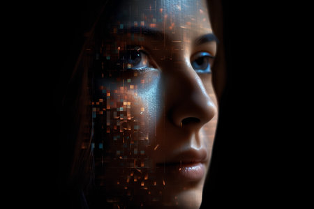 3d rendering of woman face with digital code on black background.の素材