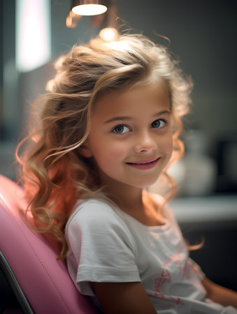 Portrait of a cute little girl at the barbershop.の素材
