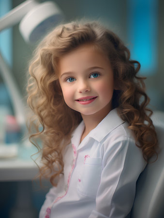 Portrait of a beautiful little girl in the dentist's office.の素材
