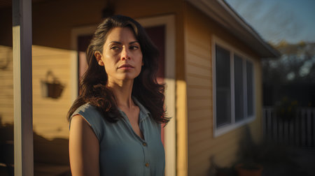Portrait of a beautiful woman with long brown hair standing in front of her houseの素材