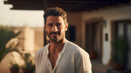 Portrait of handsome man with beard and mustache in white shirt.の素材