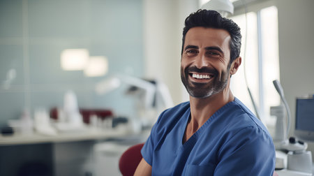 Portrait of smiling male dentist looking at camera while standing in dental clinicの素材