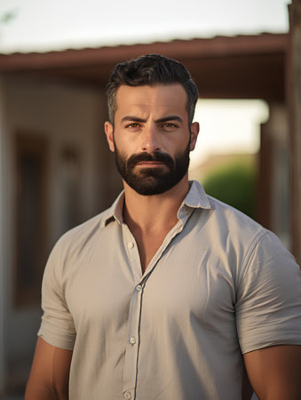 Handsome bearded man in casual shirt looking at camera while standing outdoorsの素材