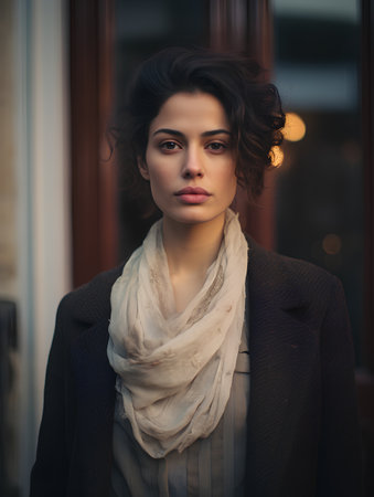 Portrait of a beautiful brunette woman in a coat and scarfの素材