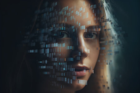 Futuristic woman face with digital binary code on her face.の素材