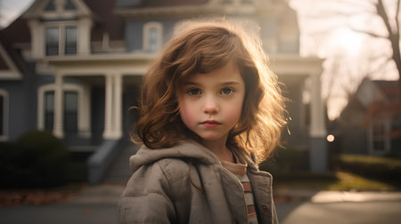 Portrait of a beautiful little girl on the background of a vintage houseの素材