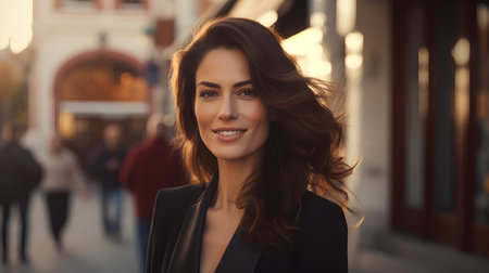 Portrait of a beautiful young brunette woman with long hair in the city.の素材