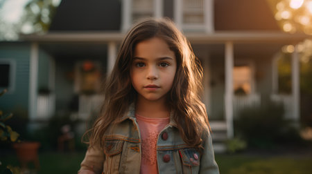 Portrait of a little girl with long hair in a denim jacket.の素材