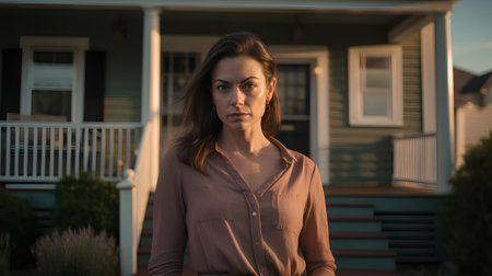 Portrait of a beautiful brunette woman in front of her houseの素材