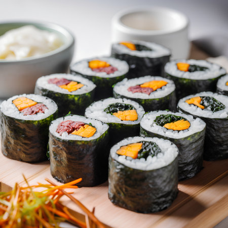 Maki Sushi - Roll made of Smoked Eel, Cream Cheese and Raw Salmon inside. Salmon outsideの素材