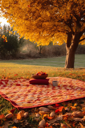 Autumn picnic in the park on a sunny day. A cup of coffee and a plate with tomatoes on a blanket.の素材