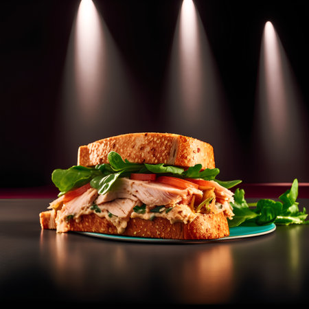 Sandwich with salmon and arugula on a dark background.の素材