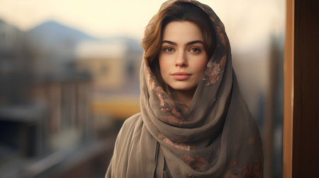 Portrait of a beautiful young woman with a shawl.の素材
