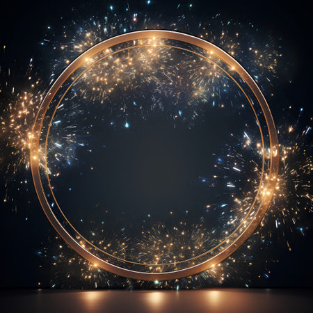 Circle golden frame with fireworks on dark background. Vector illustration.の素材