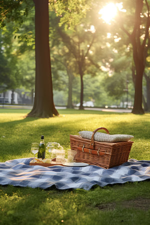 Picnic basket with wine and picnic blanket on green grass in parkの素材
