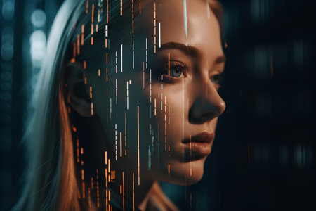 Cyber security concept. Portrait of a futuristic woman with binary code.の素材