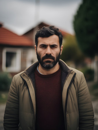 Portrait of a bearded man in a jacket on the street.の素材
