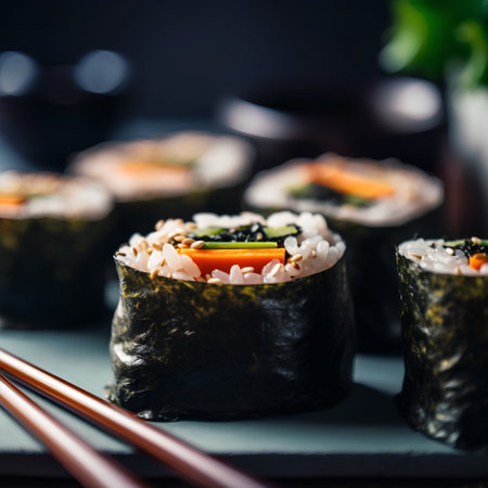Sushi rolls with salmon, avocado, cucumber, nori and cream cheese on black backgroundの素材