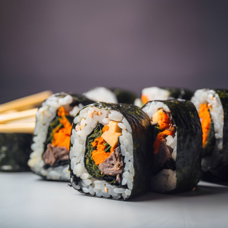 Sushi rolls with salmon, cucumber and cream cheese on a white backgroundの素材