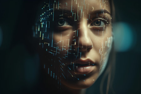 Futuristic portrait of a woman with digital code on her faceの素材