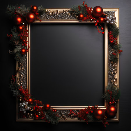 Christmas frame with fir branches and red baubles on black backgroundの素材