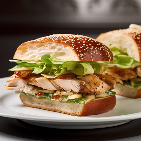 Sandwich with chicken, lettuce and cheese on a white plate.の素材