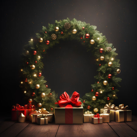 Christmas wreath with gift boxes on wooden floor. 3d renderの素材
