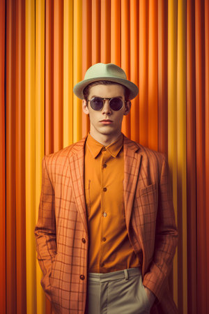 Handsome young man in a hat and sunglasses on the background of orange curtainsの素材