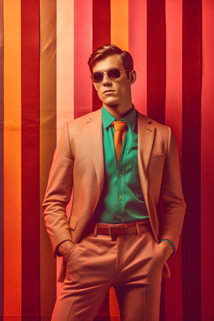 Fashion shot of a handsome young man posing over colorful background. Men's beauty, fashion.の素材