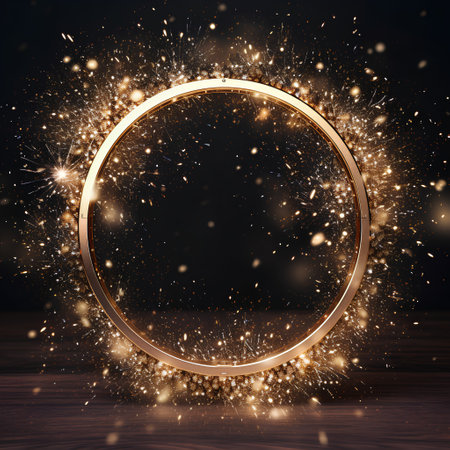 Golden circle frame with sparklers on wooden background. Christmas and New Year conceptの素材