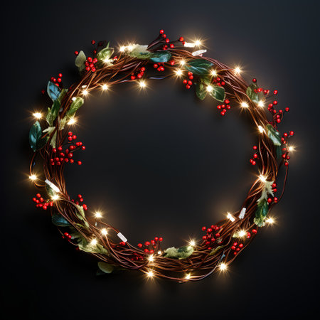 Christmas wreath with glowing lights on black background. Vector illustration.の素材