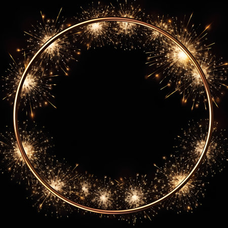 Golden circle frame with sparklers on black background. Vector illustration.の素材