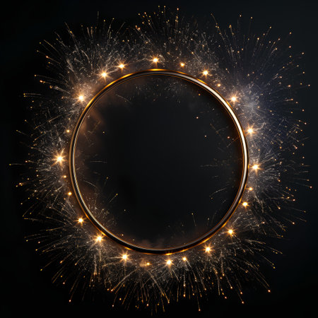 Circle frame with golden fireworks on black background. 3D renderingの素材