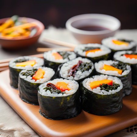 Sushi rolls on a wooden plate, selective focus. Japanese food.の素材