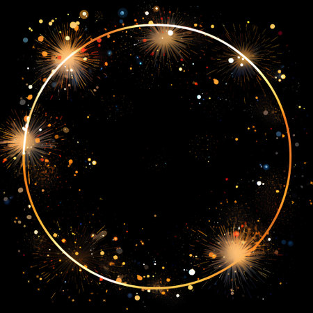 Gold circle frame with fireworks on a black background. Vector illustration.の素材