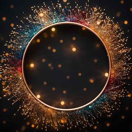 Circle frame with colorful fireworks on black background. Vector illustration.の素材