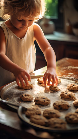 Little girl is making cookies in the kitchen at home. Selective focus.の素材