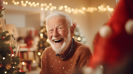 Portrait of happy senior man looking at camera during Christmas celebration at homeの素材