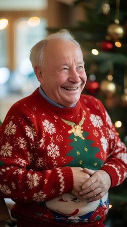 Portrait of happy senior man with Christmas tree in background at homeの素材