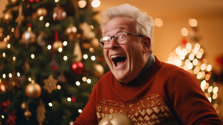 Portrait of senior man celebrating Christmas at home. He is wearing glasses and smilingの素材