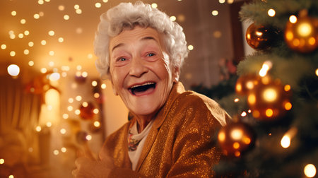 Elderly woman at home celebrating Christmas and New Year holidays.の素材