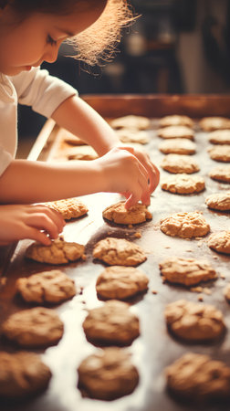 Cute little girl baking cookies in the kitchen. Selective focus.の素材