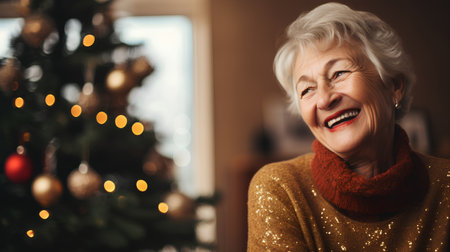 Portrait of happy senior woman with christmas tree in the backgroundの素材
