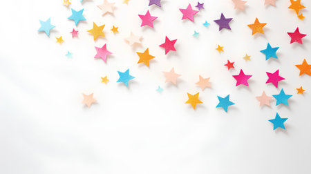 Colorful stars confetti on white background. Flat lay, top viewの素材