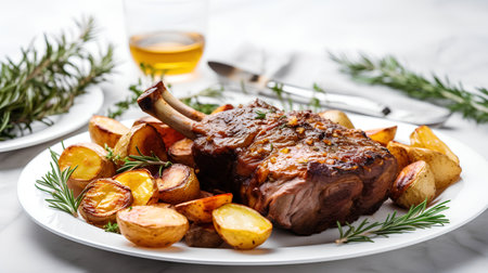 Grilled beef steak with potatoes and rosemary on a white plate.の素材