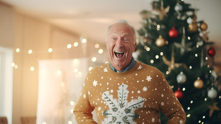Merry Christmas and Happy Holidays! Portrait of a cheerful senior man at home.の素材