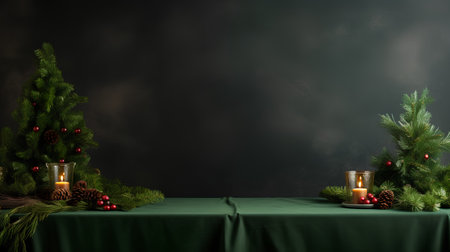 Christmas table setting with green tablecloth, candles and pine branches. 3d renderの素材