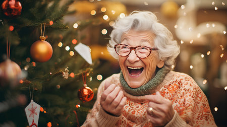 Surprised senior woman in eyeglasses at christmas treeの素材