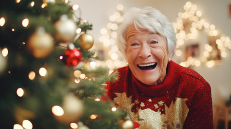 Portrait of a happy senior woman standing near christmas tree at homeの素材